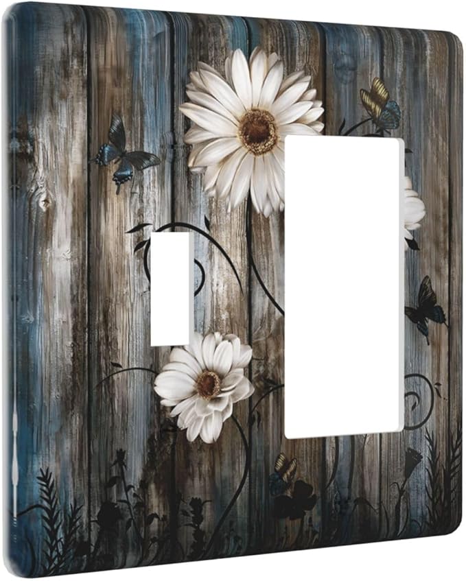 Rustic Wood Background Floral Butterfly Daisy Outlet Covers 1 Toggle 1 Rocker Combination Decorative Wall Plate Electrical Switch Plates Light Switch Cover Plate for Farmhouse Bedroom Decor