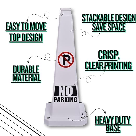 BESEA No Parking Cone 3 Pack, 28" No Parking Sign Cone with Weighted Base, White 4-Sided “ NO Parking” Warning Cone for Driveways Business Parking Lots Garages Indoor/Outdoor