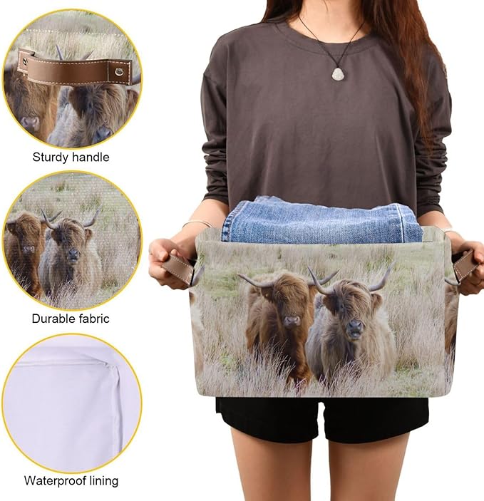 Highland Cows Storage Basket Cube Storage Bins Organizer Bag Collapsible Closet Shelf Baskets with handle for Cloth Book 14.2×10.2×8.3 IN