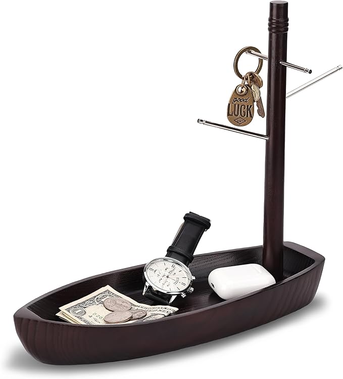 Entryway Key Holder Stand, 4 Metal Key Hooks and Storage Tray, Ash Solid Wood Decorative Boat Shape Tabletop Key Rack, Small Accessory Organizer and Hanging Stand.