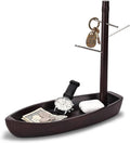 Entryway Key Holder Stand, 4 Metal Key Hooks and Storage Tray, Ash Solid Wood Decorative Boat Shape Tabletop Key Rack, Small Accessory Organizer and Hanging Stand.