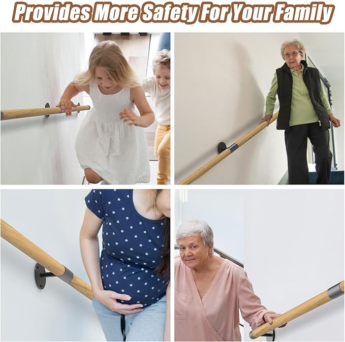 5FT Round Wooden Handrail for Indoor Staircase Handrail,Wall Mount Support Stair Railings, Non-Slip Safety Corridor,Lofts,Patio,Guardrail Wood Hand Railings for Elderly,Children,Disable People