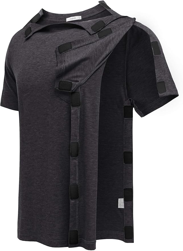 Deyeek Shoulder Post Surgery Recovery Shirts for Men Full Tear Away Short Sleeve T Shirt Adaptive Chemo Clothing