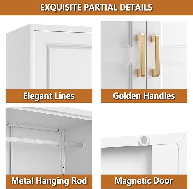 Metal Armoire Wardrobe Closet with Doors and Shelves, 71" Tall Freestanding Wardrobe Cabinet for Hanging Clothes, Large Closet with Hanging Rod for Bedroom, Office, School, Employee, Gym, White