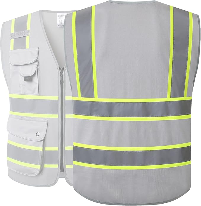 JKSafety 9 Pockets Hi-Vis Fluorescent Color Zipper Front Safety Vest with Neon Color Extended Yellow Trims for Men and Women Work Safety Utility (901-Grey 5XL)