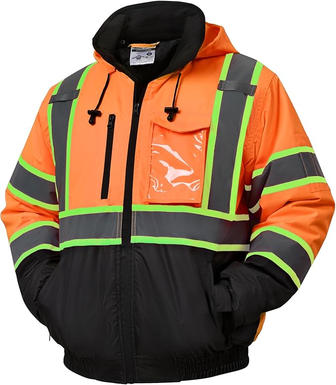 sesafety Reflective Jacket for Men, High Visibility Jackets, Safety Jackets for Men, Hi Vis Construction Bomber Jackets Waterproof with Pockets and Zipper, Black Bottom, Class 3