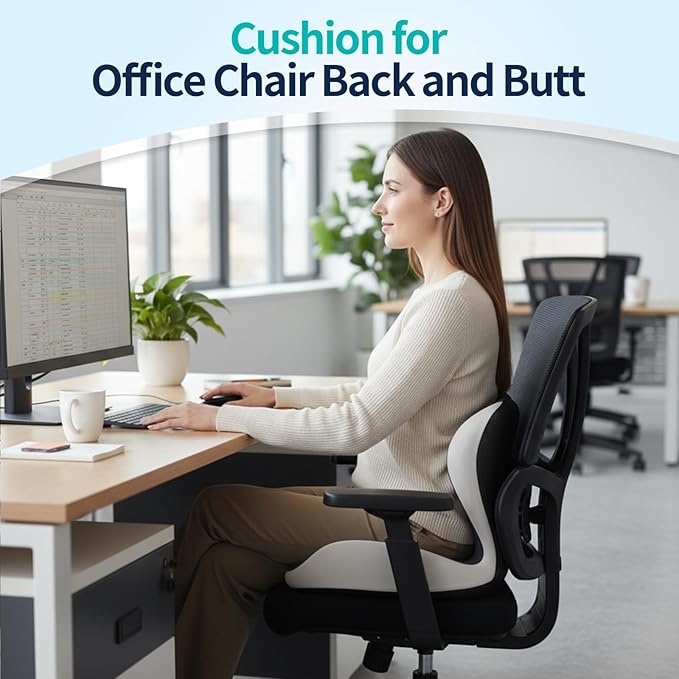 Seat Cushion for Office Chair and Car, Back & Tailbone Pain Relief, Raised Cushion for Back and Butt, Improves Sitting Posture, Ergonomic Memory Foam Lumbar Cushion, Double-Sided Anti-Slip