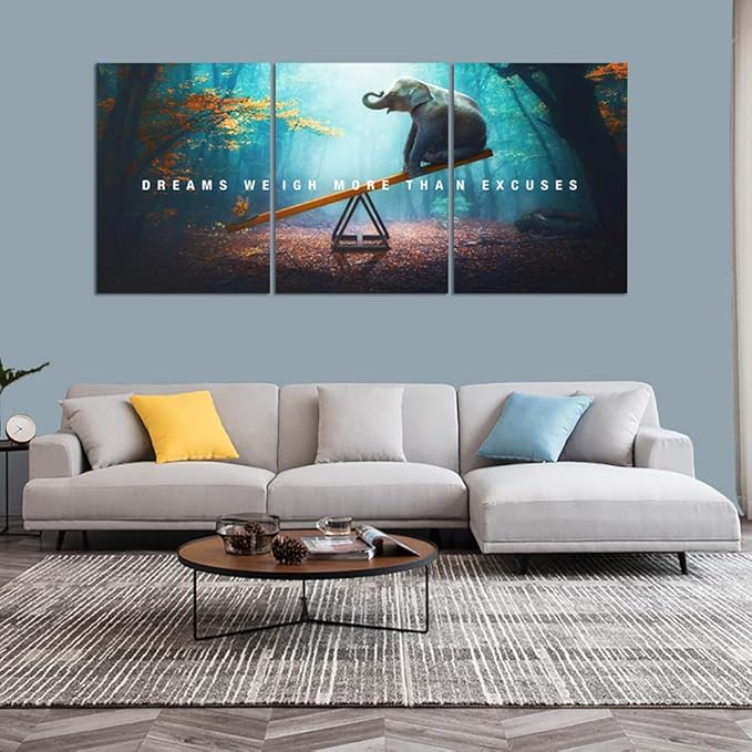 Unbruvo Elephant Wall Art for Office, Motivational Inspirational Canvas Wall Art, 3 Pieces Elephant Painting Prints Wall Decor for Living Room Bedroom Classroom Dorm(48”Wx24”H)