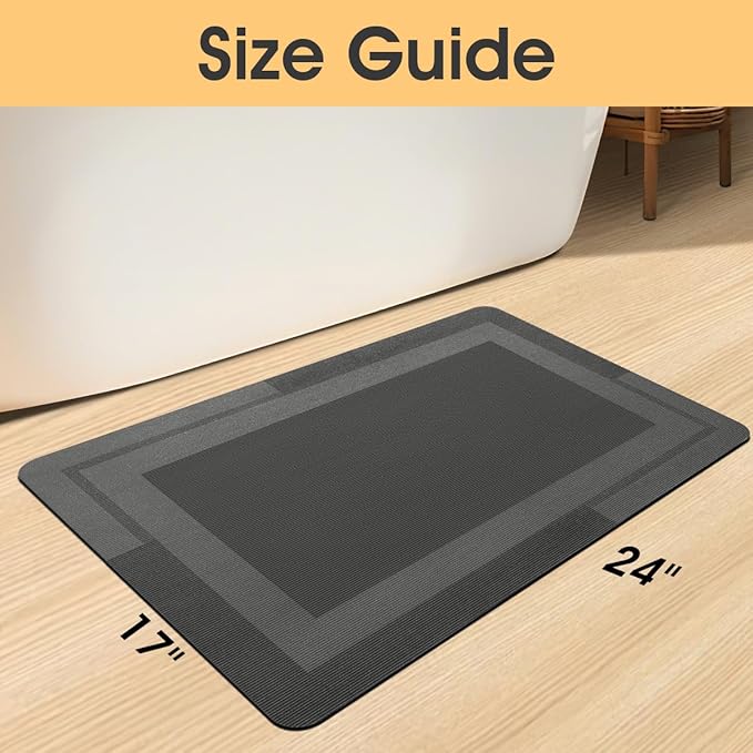 Ultra Thin Bath Mat, Upgrade Backing Non Slip Thin Bath Mats Fit Under Door, Quick Dry Ultra Absorbent Bathroom Rugs, Machine Washable Bath Rugs for Bathroom, Bathtub & Kitchen, Grey/Bordered/24"x17"