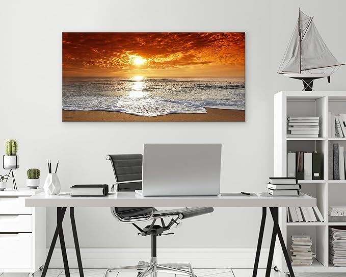 Muolunna S04698 Canvas Prints Wall Art Sunset Ocean Beach Pictures Paintings for Living Room Bedroom Home Decorations Framed Ready to Hang Seascape Waves Artwork
