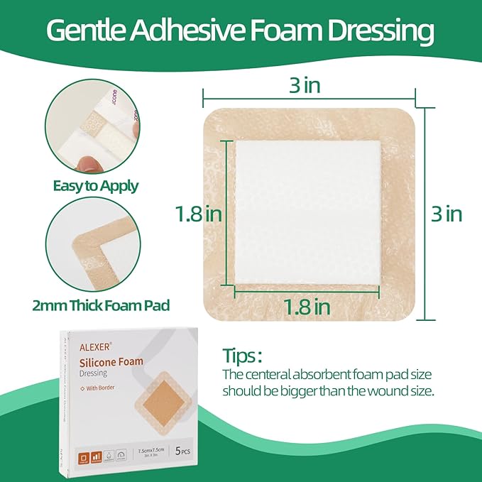 Jointown Foam Wound Care Dressing, Adhesive Silicone Foam Dressing with Border, Waterproof Bed Sore Bandages, 3"x3", 5 PCS