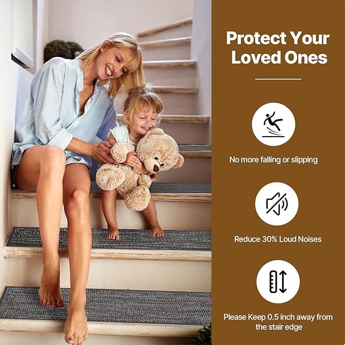 Non Slip Stair Treads for Wooden Stairs, 8" x 30" Staircase Step Treads, 100% Linen, Reusable Adhesive, Indoor, for Kids, Seniors & Dogs (Black, 15pcs)