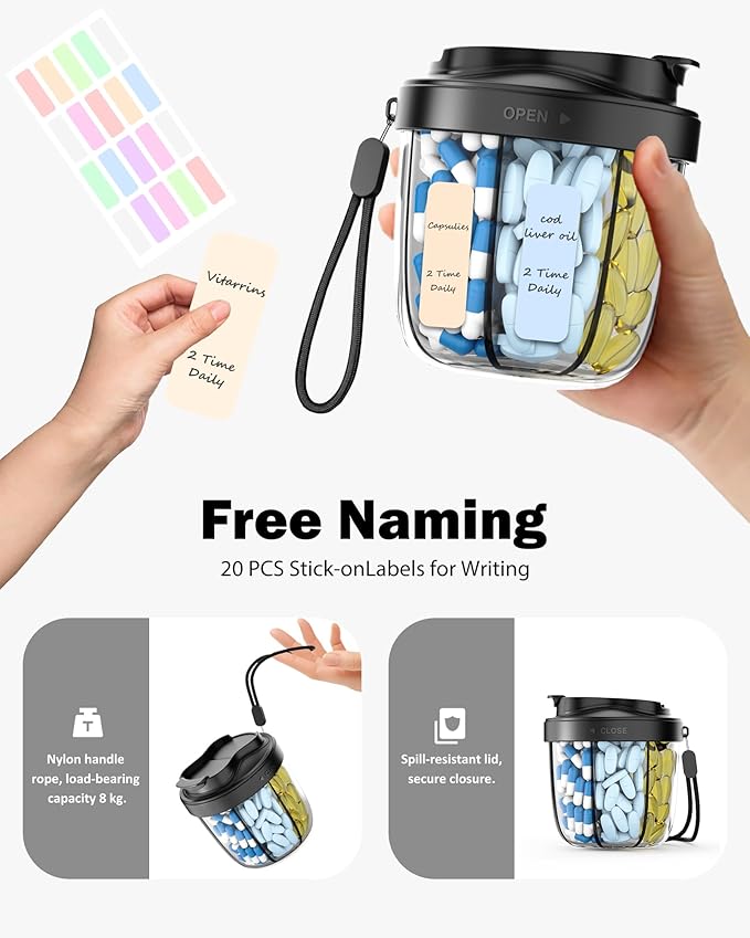 Cute Pill Organizer,Pill Dispenser with 7 Large Compartments,Portable Pill Bottle Box with Wide Opening for Easy Use, Anti-Mix Pills Organizer for Travel,Includes 20 Pcs Sticky Labels(Black)