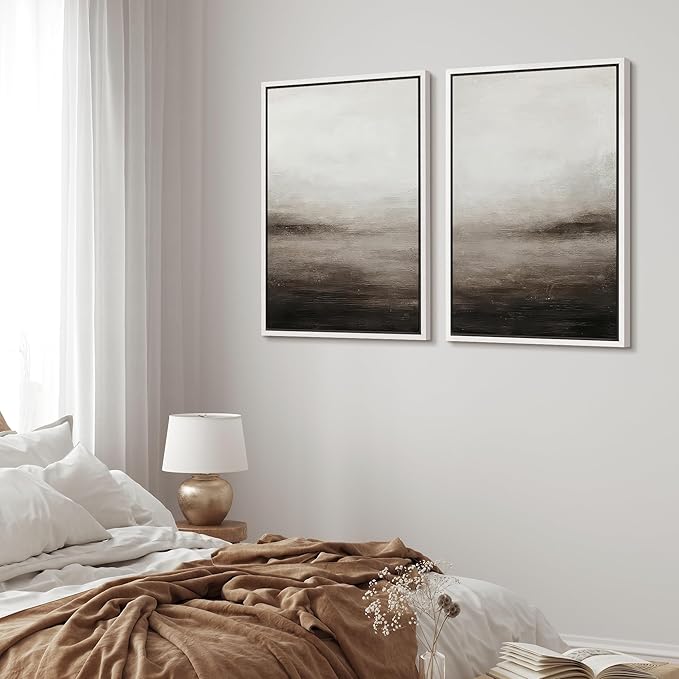 MUDECOR Framed Canvas Print Wall Art Neutral Abstract Modern Minimalist Landscape in Beige and Gray Illustrations Modern Art Decorative Bohemian for Living Room, Bedroom, Office - 24"x36"x2 White
