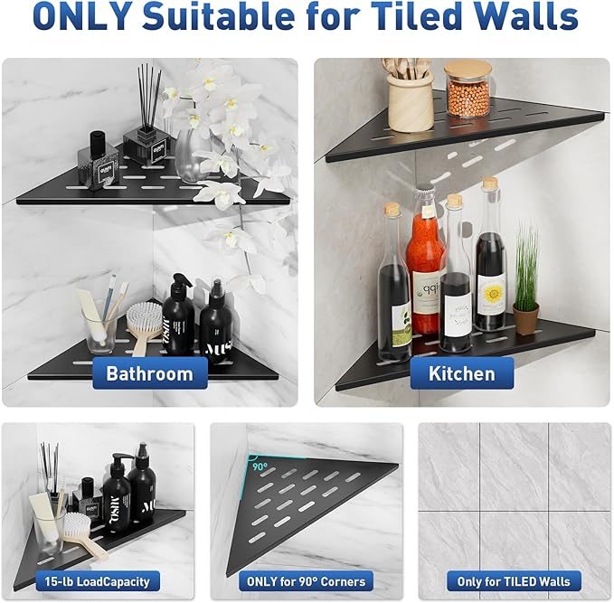 lives Corner Shower Shelves 2 Pack, 10" Black Corner Shelf for Bathroom, 304 Stainless Steel Grout in Bathroom Shower Shelf for Tiled Wall, Waterproof, Easy Install (Matte Black,10")