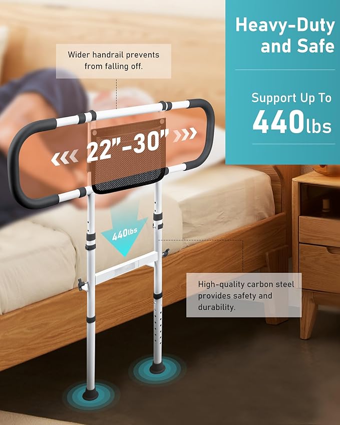 AMOVO Bed Rails for Elderly Adults Safety Bed Guard Rails for Seniors Extended Handle Bed Assist Rail with Sensor Light Storage Pouch, Stable Bedside Cane Support Bar Grab, Fit King Queen Full Twin