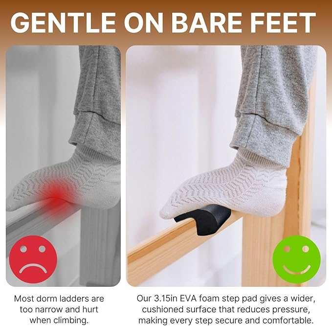 Dorm Bed Ladder Foot Support, EVA Foam Step Pad with Anti-Slip Surface, Snap-On Foot Saver for College Dorm Loft & Bunk Bed Ladders, Comfortable Ladder Accessories for Safety (Black 2pcs)