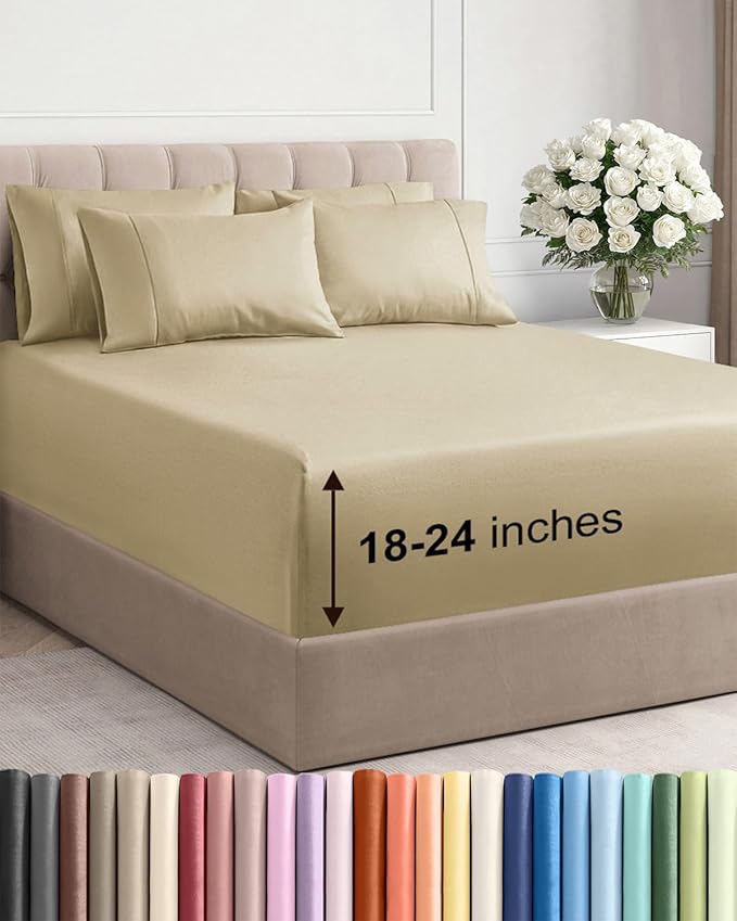 Extra Deep King Sheet Set - 6 Piece Breathable and Cooling Sheets - Hotel Luxury Bed Sheets Set - Easy & Secure Fit - Soft, Wrinkle Free and Comfy Sheets Set - Beige Sheet Set with Extra Deep Pockets