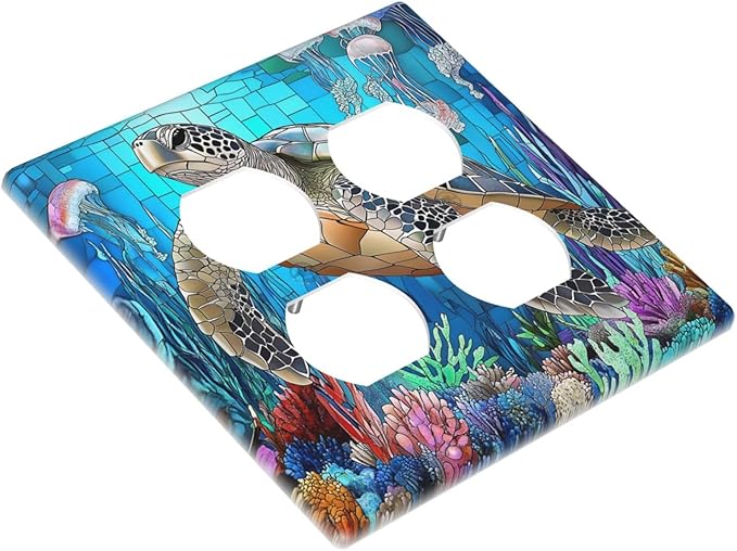 Outlet Covers Nautical Sea Turtle Coral Jellyfish 2 Gang Double Duplex Decorative Light Switch Covers Electrical Wallplates Socket Faceplate For Kids Room Nursery Decor