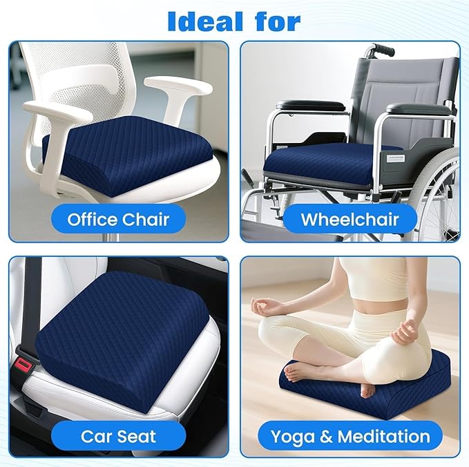 Seat Cushion, Memory Foam Chair Pad, Non-Slip Cushion for Office, Home, Car, Large Desk Chair Cushion, Washable Cover & Handle, X-Large, Blue