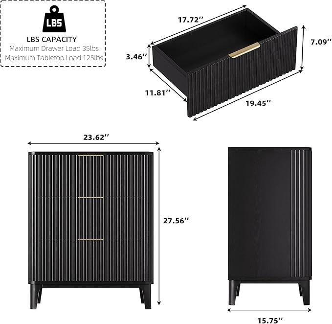 3 Drawer Nightstands Set of 2, 22.6" Mid Century Modern Night Stand, Large 3 Drawers Bedside Table with Quiet Drawers & Metal Handles, Fluted 3-Drawer Dresser Rustic Wood End Table Bedroom Black