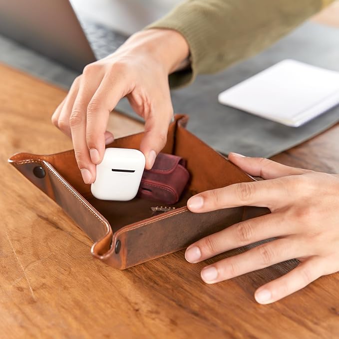 Handmade Leather Catch All Tray and Organizer for Keys, Phones, Jewels, Coins, Square - Small, Light Camel