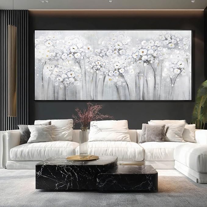 Flower Wood Wall Decor White Wall Art Textured Canvas Painting 32"x70" Decorative Pictures for Bedroom Kitchen Large Artwork
