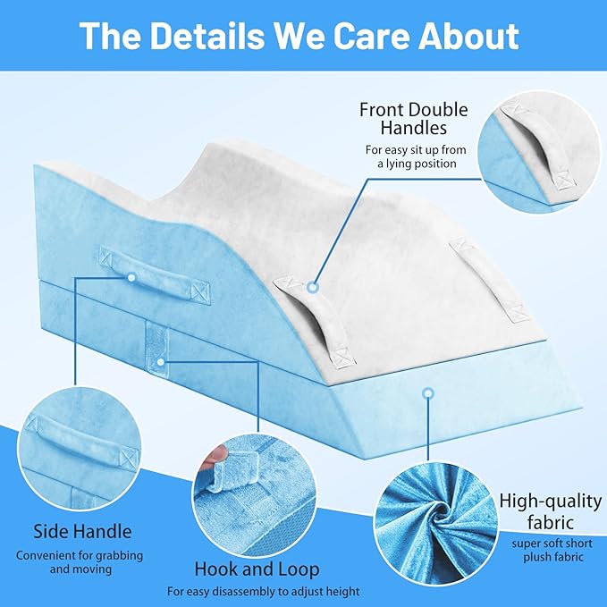 Double Leg Elevation Pillows, Wedge Pillow for After Surgery, Memory Foam Support Adjustable, Comfort Care for Back Knee Hip Ankles Pain, Knee Pillow for Sleeping Blood Circulation Light Blue & White