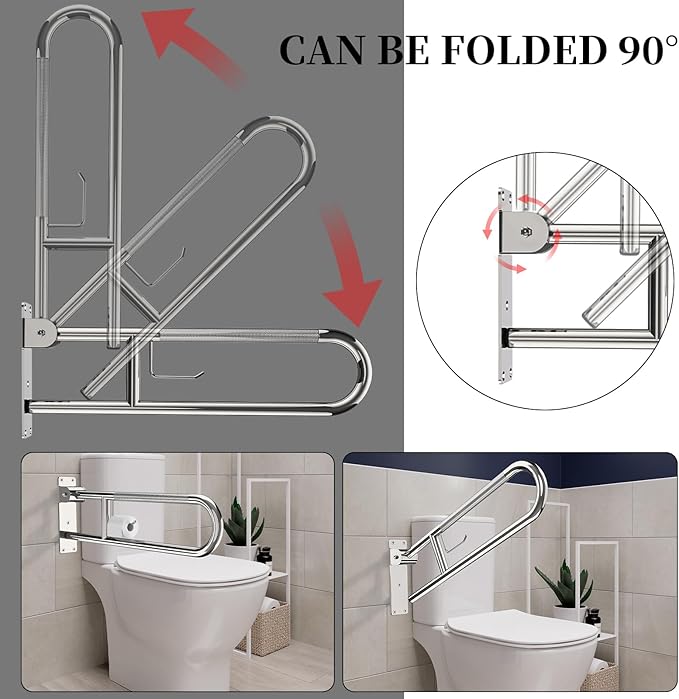 Toilet Grab Bar 30.3 Inch, YuanDe Flip Up Grab Bar with Paper Holder, Polished Chrome Anti-Slip Safety Bars for Toilet, Stainless Steel Knurled Toilet Handles for Seniors Disabled Elderly Pregnant