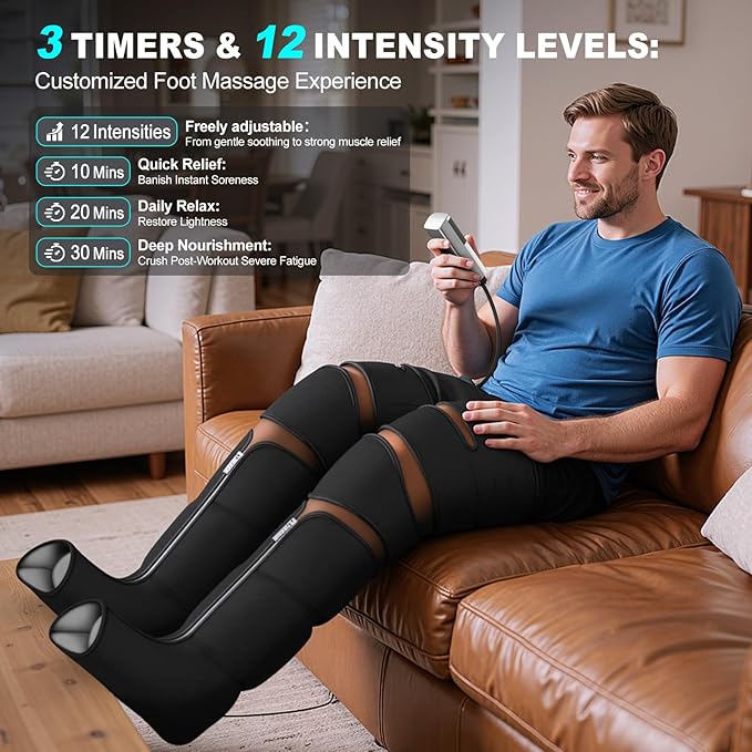 Leg Massager with Heat and Compression, Foot Massager for Circulation and Pain Relief, 3 Timers, 12 Intensity, 6 Modes,3 Heating with Knee Massager,Gift for Man Woman Parents,Black
