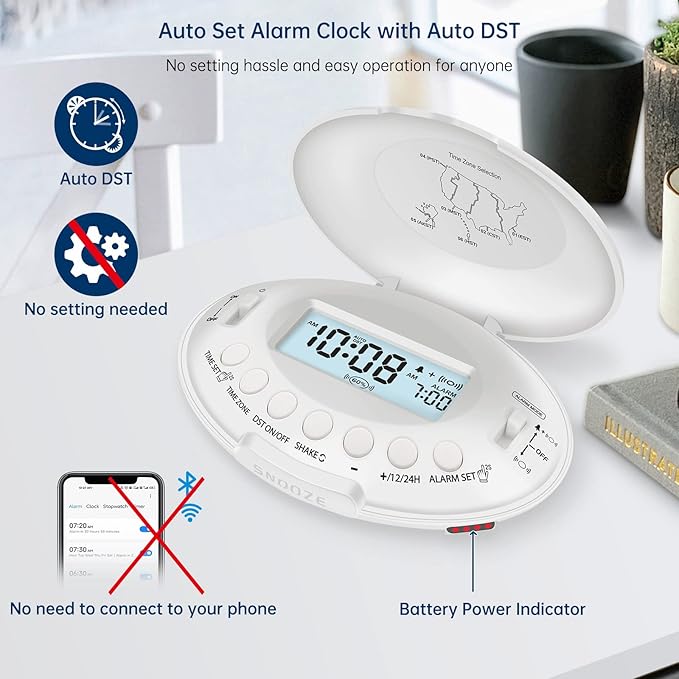 DreamSky Vibrating Alarm Clock for Heavy Sleepers - Auto Set Bed Shaker Alarm Clock Under Pillow for Hearing Impaired, Bedroom, Travel, Rechargeable Battery Operated, Cordless, Auto DST, LCD Backlight