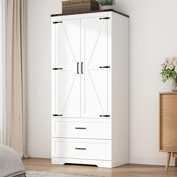 2 Doors Wardrobe Armoire Closet with Doors and Drawers, Farmhouse Wooden Armoire Storage Cabinet with Shelves & Hanging Rod for Bedroom, White