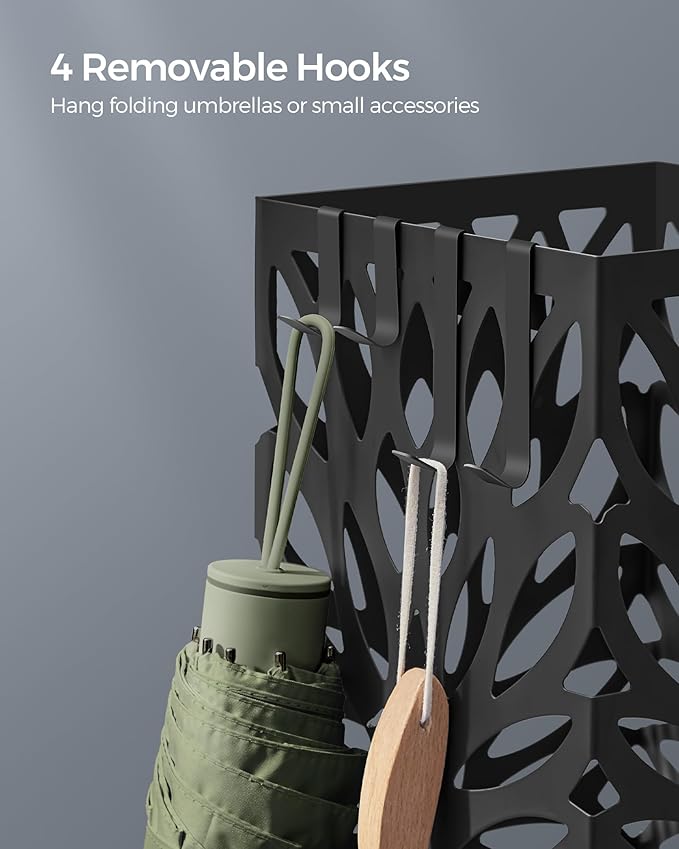 SONGMICS Umbrella Stand, Umbrella Holder for Entryway, Steel Square Umbrella Rack Organizer Freestanding, for Canes Walking Sticks, with a Detachable Drip Tray, 4 Hooks, Black ULUC026B33