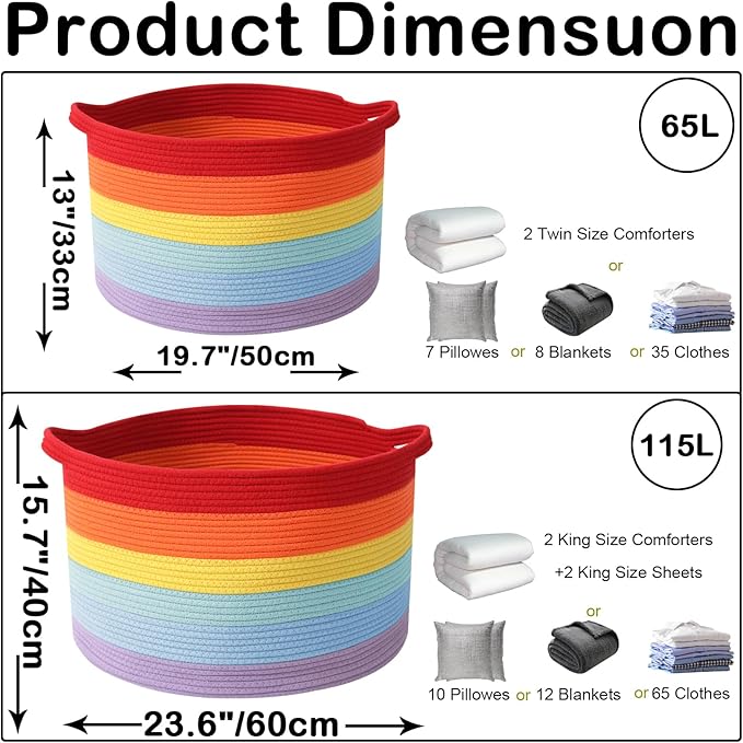 Large Storage Basket with Handle,19.7" L x 19.7" W x 13" H Blanket Basket Storage Bins for Organizing,65L Cotton Rope Woven Baskets for Living Room, Nursery ,Bedroom,Rainbow