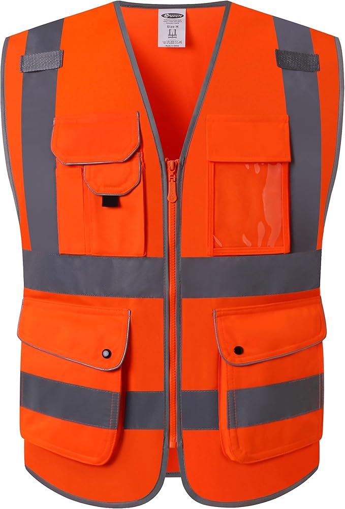 JKSafety 9 Pockets Class 2 High Visibility Zipper Front Safety Vest With Reflective Strips, Meets ANSI/ISEA Standards (150-Orange, XXL)