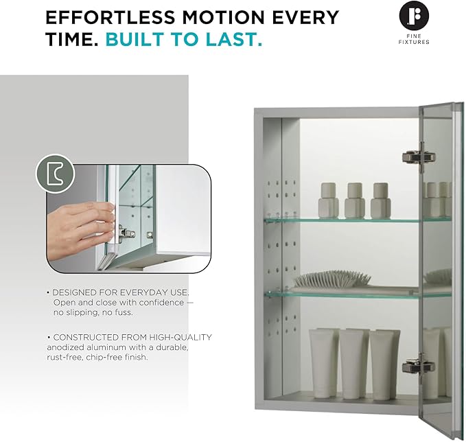 Fine Fixtures Bathroom Medicine Cabinet, Aluminum, Recessed/Surface Mount, Right/Left Hinged, Mirrored Interior (15 X 24)