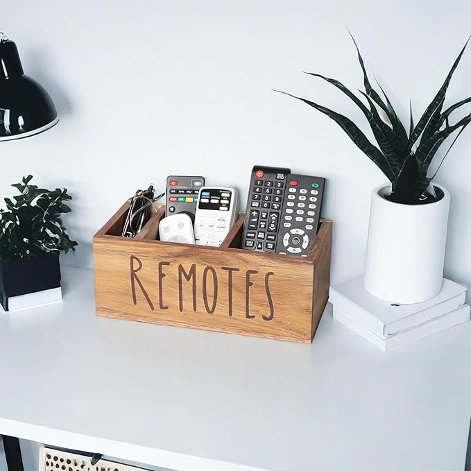 Acacia Wood Remote Control Holder, TV Remote Holder, Remote Organizer for Table,Home,Living room, bedroom for Wooden Remote Box (Brown, L,for 5+ Remote Controls)