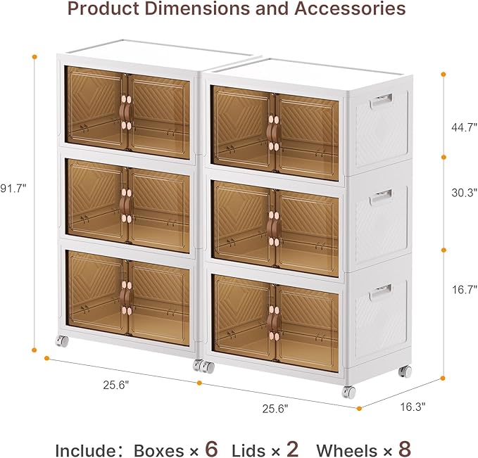 Extra Large Stackable Storage Bins with Lids & Wheels & Door, 672QT-112QT/28GAL*6Pack Foldable Collapsible Closet Organizers, Plastic containers drawers for bedroom Dorm