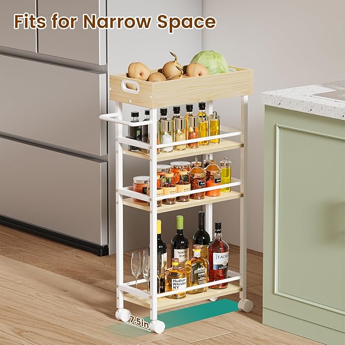Slim Storage Cart, 4 Tier Rolling Cart with Handle, Kitchen Cart on Wheels, Metal Frame Narrow Cart for Small Spaces for Dining Room, Bathroom, Laundry Room, Office White