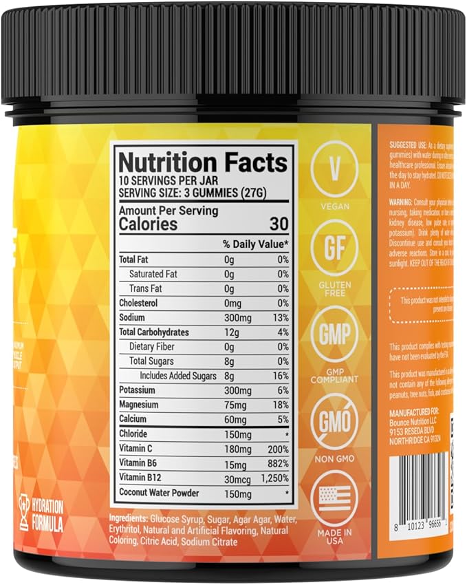 Bounce Pro Hydration Electrolyte Gummies – 30 Vegan Chewable Gummies with Sodium, Potassium & Magnesium for Running, Workouts & Endurance – No Sugar, Caffeine Free Electrolyte Chews, Pina Colada