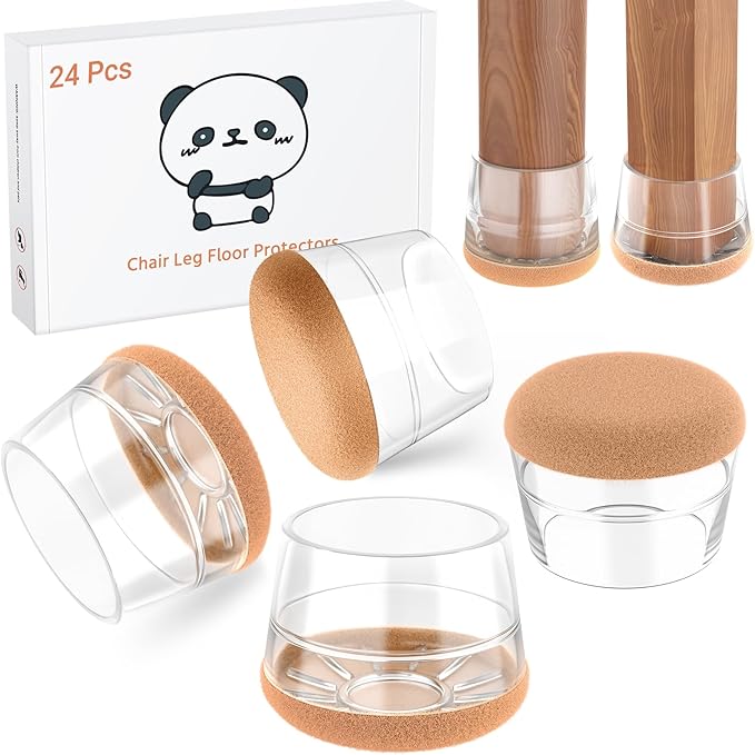 Meldel 24 PCS Silicone Chair Leg Floor Protectors Large (1.3"-1.4") Rubber Felt Furniture Pads Chair Legs Caps/Covers for Hardwood Floors, Tile from Scratches & Reduce Noise - Round, Clear