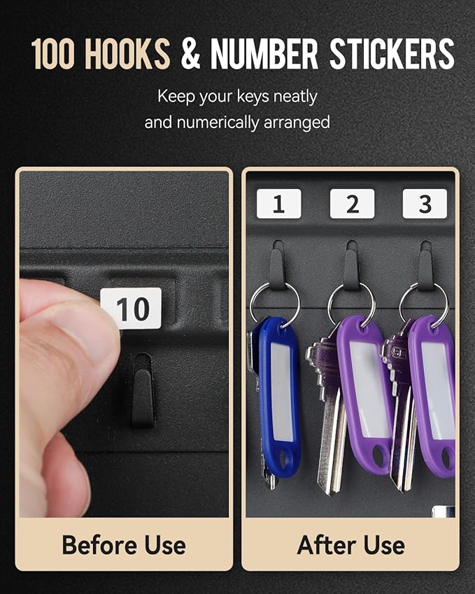 Uniclife 100 Position Key Cabinet with Key Lock Wall Mounted Black Security Storage Box Steel Key Organizer with Colorful Key Tag Labels Stickers and Hooks