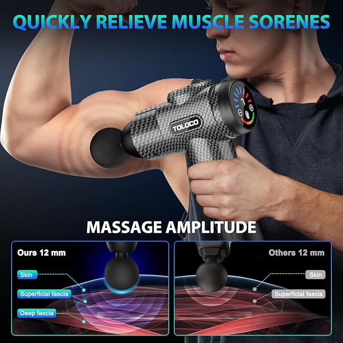 TOLOCO Massage Gun, Deep Tissue Back Massage for Athletes for Pain Relief, Percussion Massager with 10 Massages Heads & Silent Brushless Motor, Christmas Gifts for Women, Men, Carbon