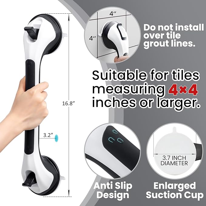 TAILI Shower Grab Bar, 16.8 Inch Shower Handles for Bathtubs and Wall for Elderly, Suction Grab Bars for Seniors Bathroom Safety Handle for Elderly, No Drilling Removable,Black