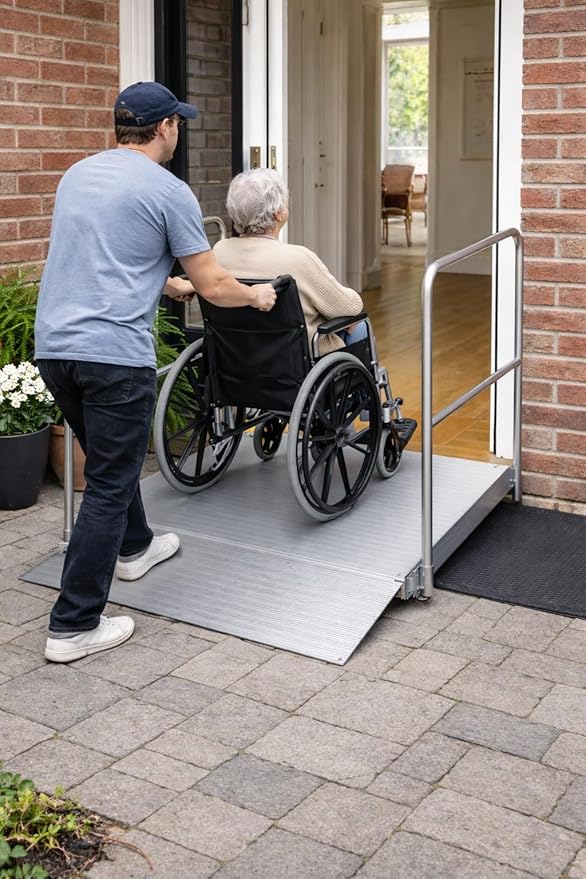 Aluminum Adjustable Threshold Ramp with Detachable Handrail for Wheelchair, 36" x 36" Doorway Ramp with 3.4"–7.2" Rise, Self-Supporting Entry Ramp for Uneven Surfaces, 880lb Capacity with Non-Slip Mat