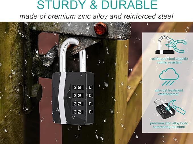 ZHEGE Combination Lock for Locker, [2023 Upgraded] Heavy Duty Weatherproof Padlock Combination 4 Digit for Outdoor Fence Shed Gate, White Number Lock for Gym Locker, School Lock, Toolbox (Black)