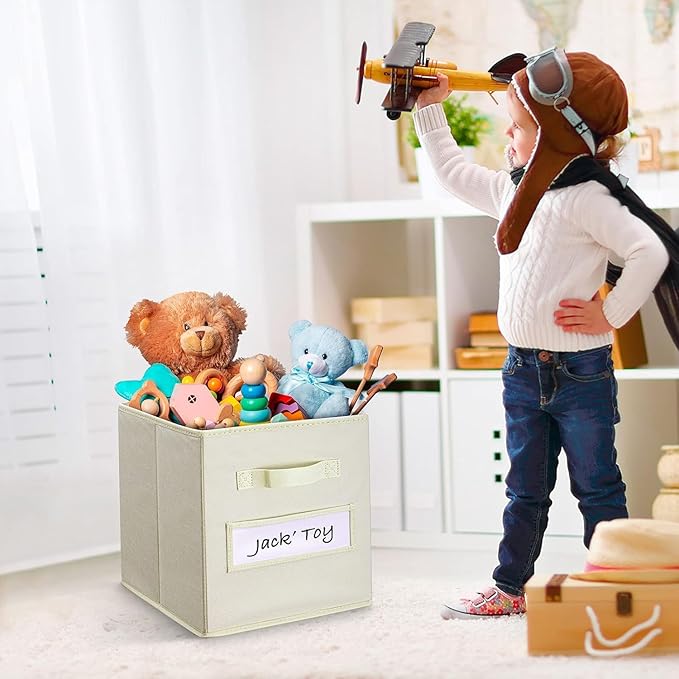 artsdi Fabric storage cubes (Set of 8) 11 Inch Cube Storage Bin, Cube storage with 8 Labels Window Cards & a Pen, Foldable cube organizer bins,11x11 Storage bin, Cubby Organizer Boxes, Beige