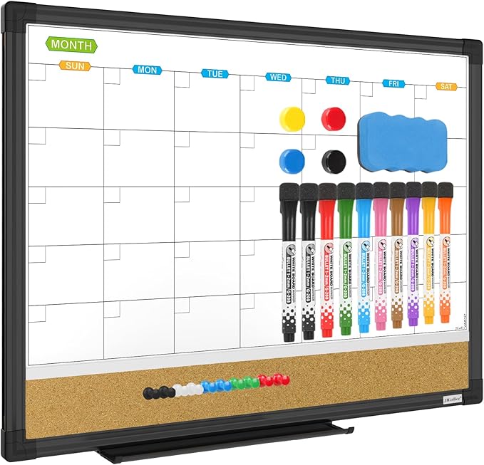 JILoffice Magnetic Calendar Whiteboard & Bulletin Corkboard Combination, Monthly Combo Board 17 x 13 Inch, Black Aluminum Frame Wall Mounted Board for Office Home and School