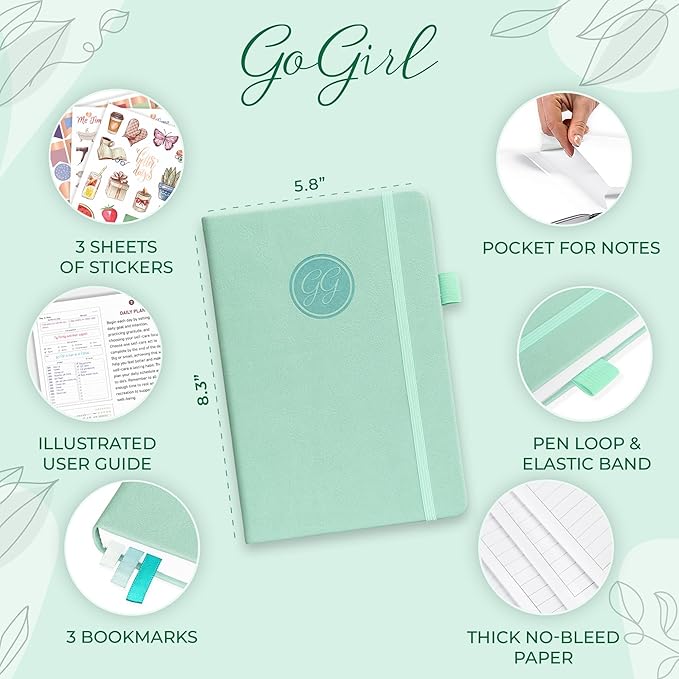 GoGirl Self-care Journal – Daily Mental Health Notebook with Mood & Wellness Trackers – Personal Development, Meditation & Reflection Journal for Women – Hardcover, Lasts 3 Months (Mint Cream)
