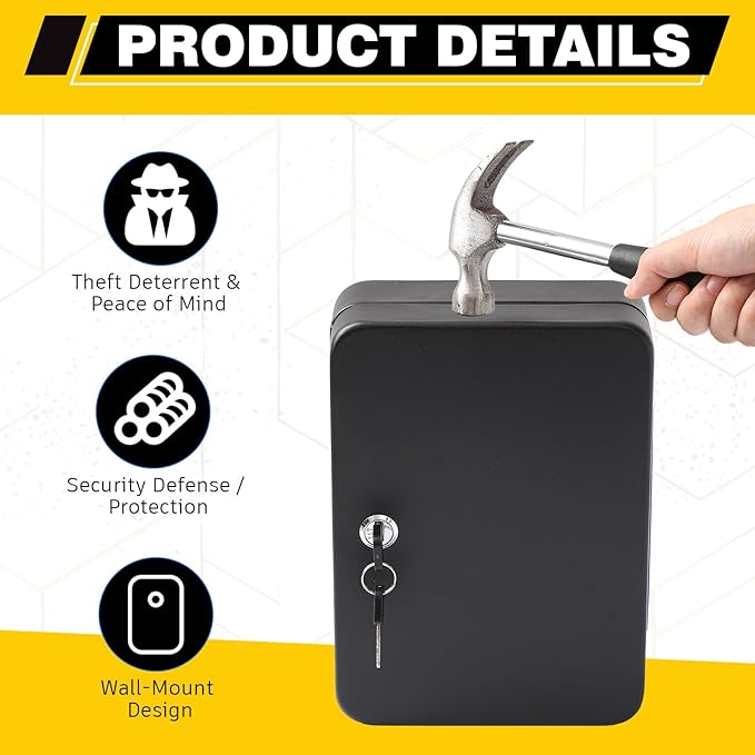 Ripeng 28-Keys Key Lock Box Wall Mount Steel Key Cabinet Lock Box Security Holder with Tags and Hooks Organizer Wall Safe Storage for Car Office Hotel House Rental Business, Black